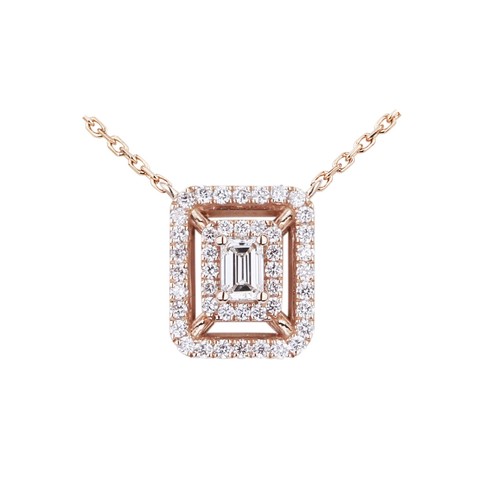 Pendentif diamant taille émeraude double entourage diamants et en or rose