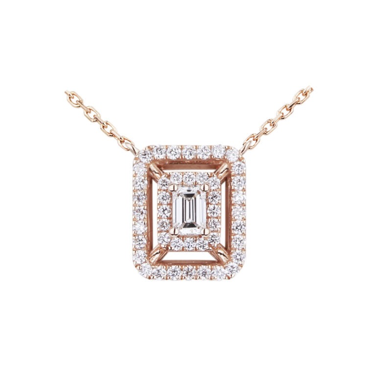 Pendentif diamant taille émeraude double entourage diamants et en or rose