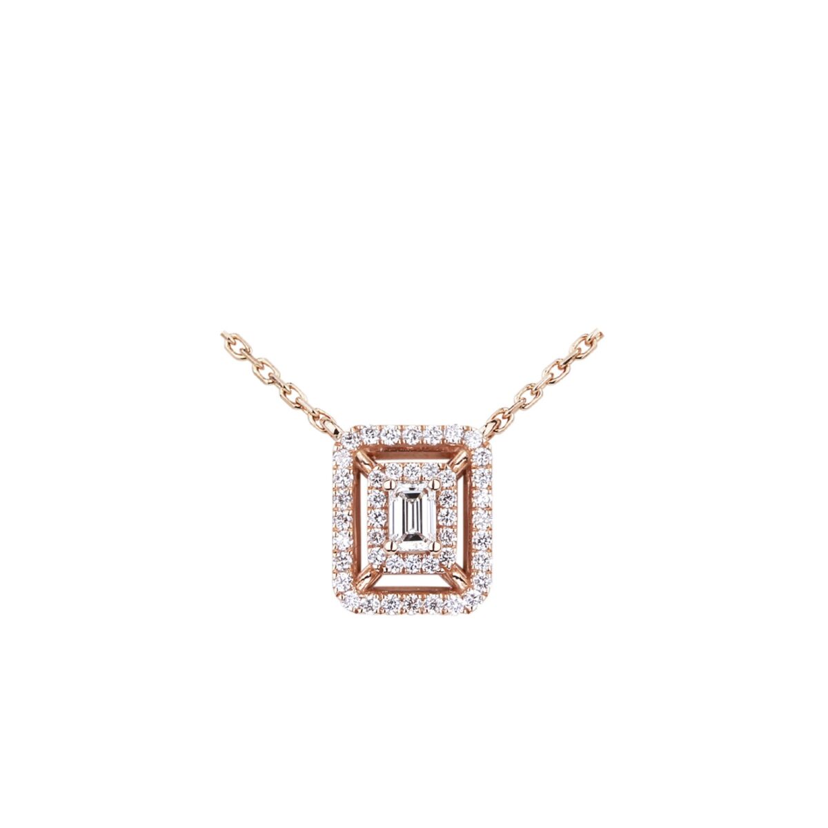 Pendentif diamant taille émeraude double entourage diamants et en or rose