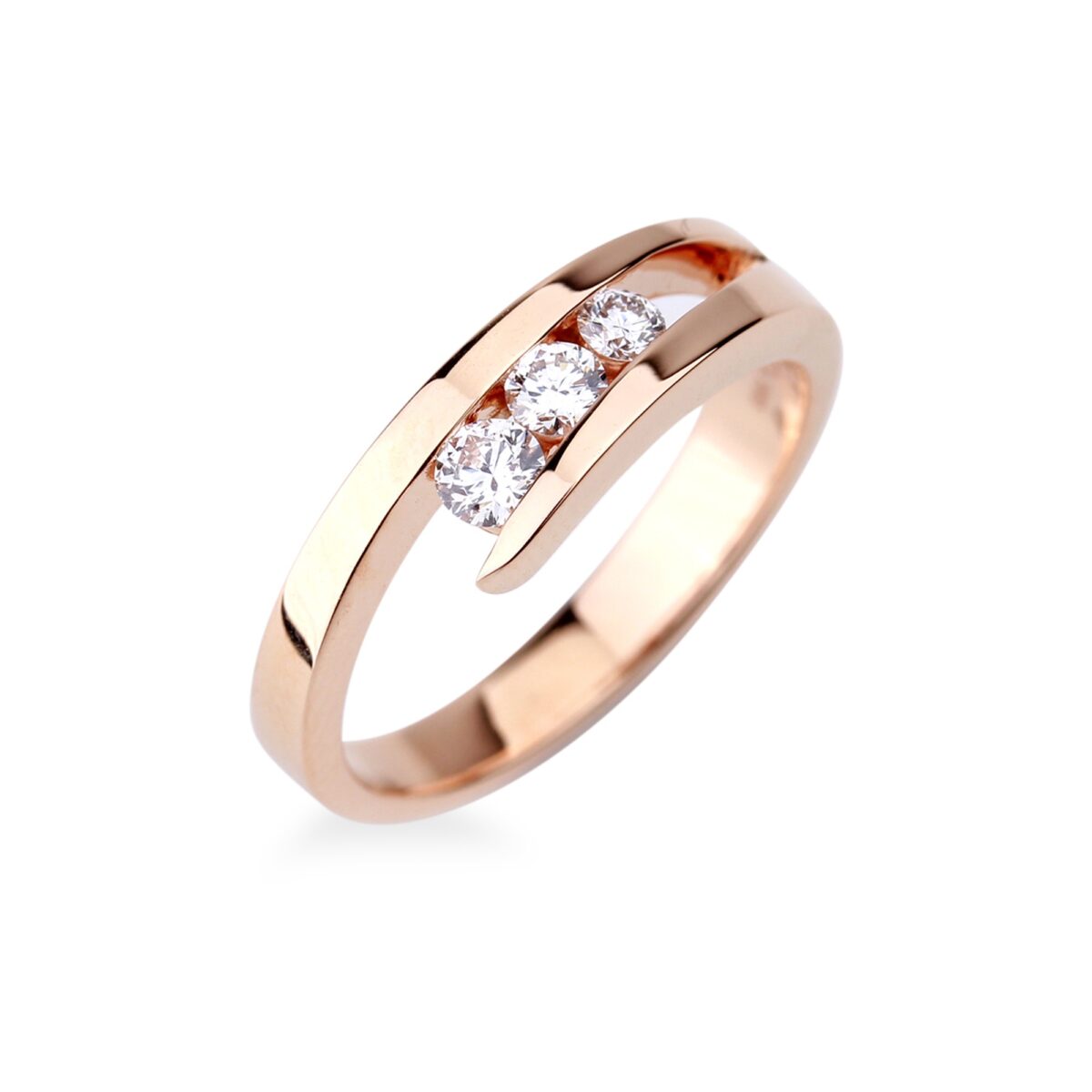 Bague trilogie de diamants en or rose 18 K