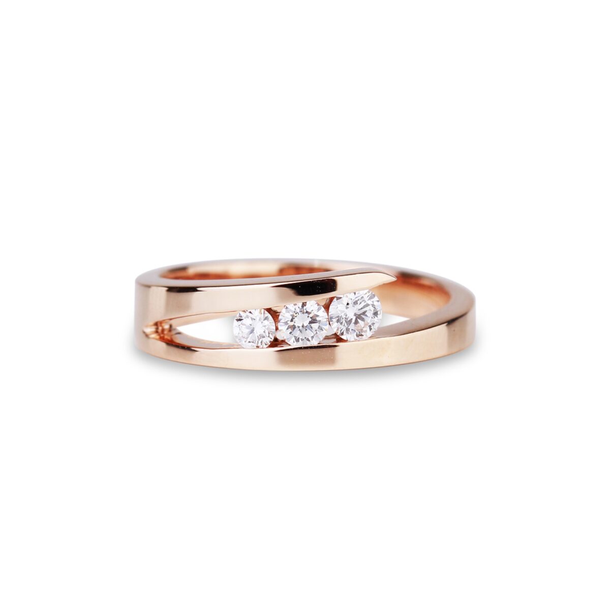 Bague trilogie de diamants en or rose 18 K