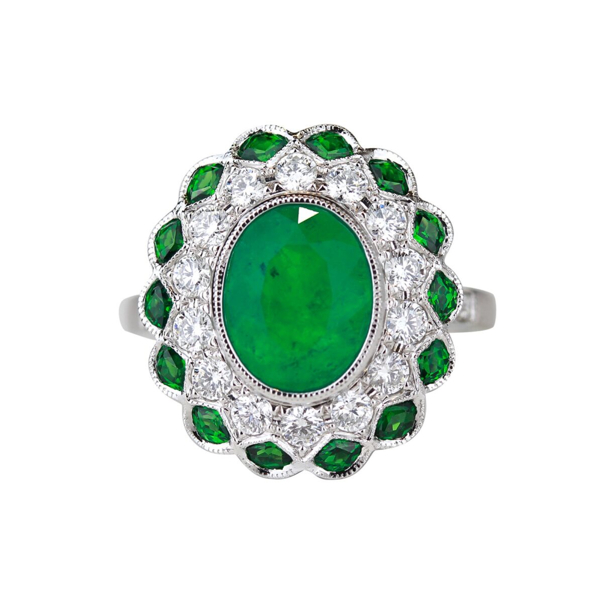 Bague émeraude entourage diamants & tsavorites