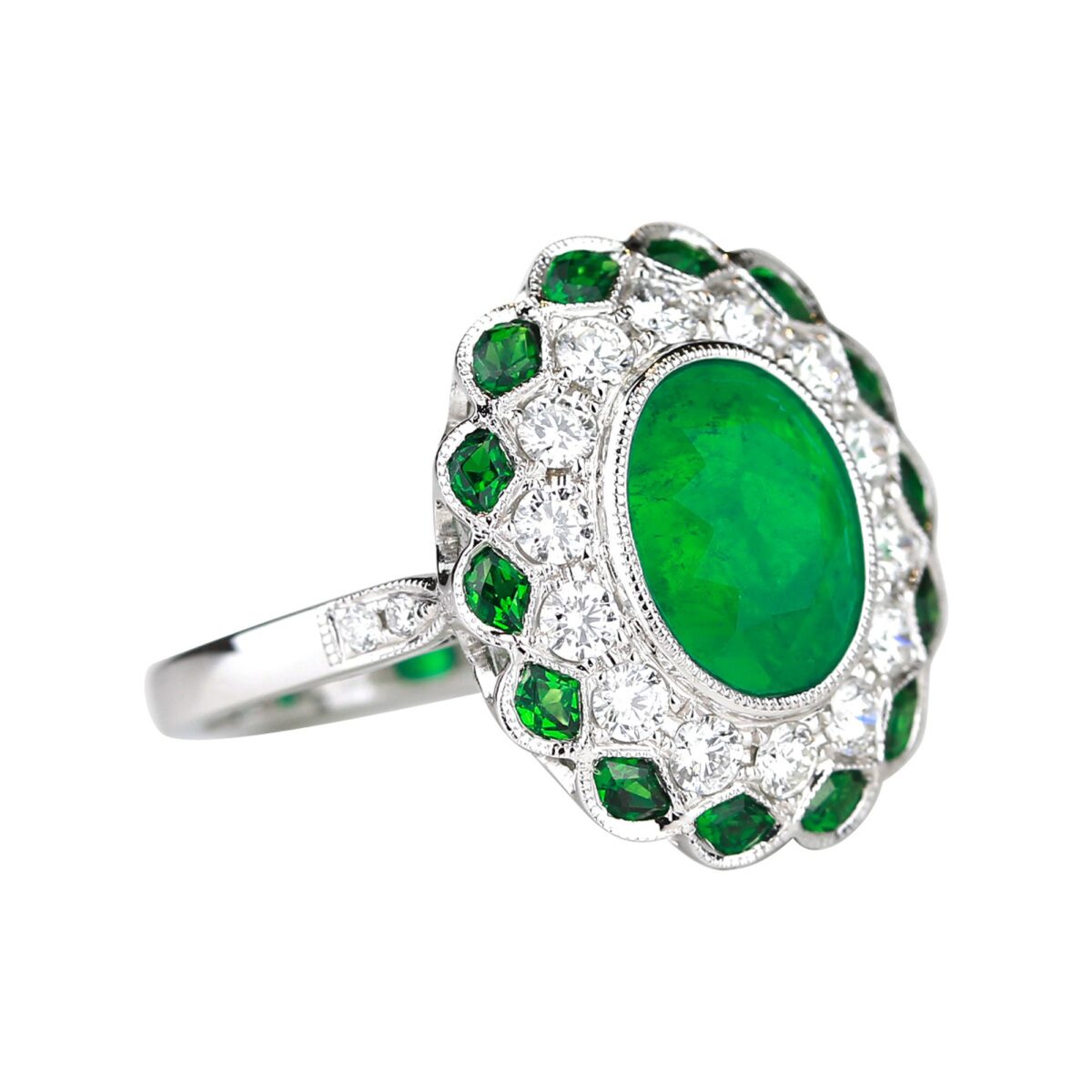 Bague émeraude entourage diamants & tsavorites