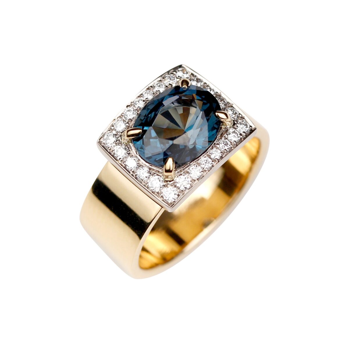 Bague spinelle bleu diamants et or jaune