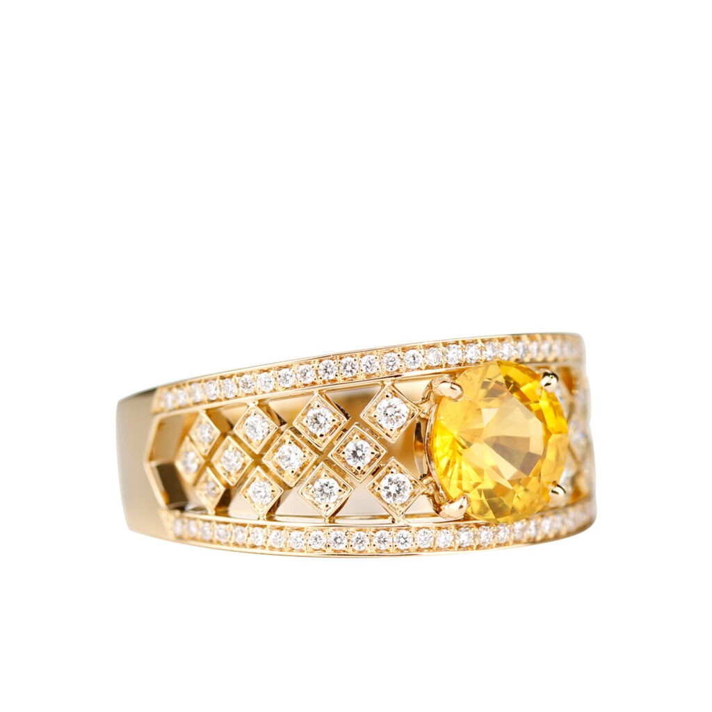 Bague saphir jaune diamants et or jaune