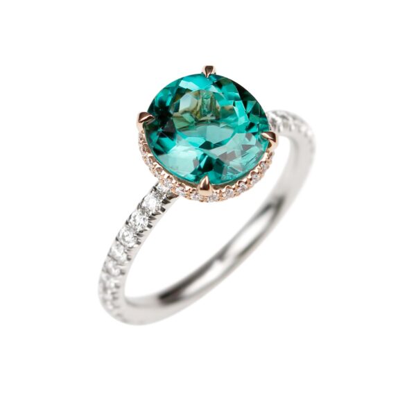 Bague tourmaline vert-bleu ronde et diamants