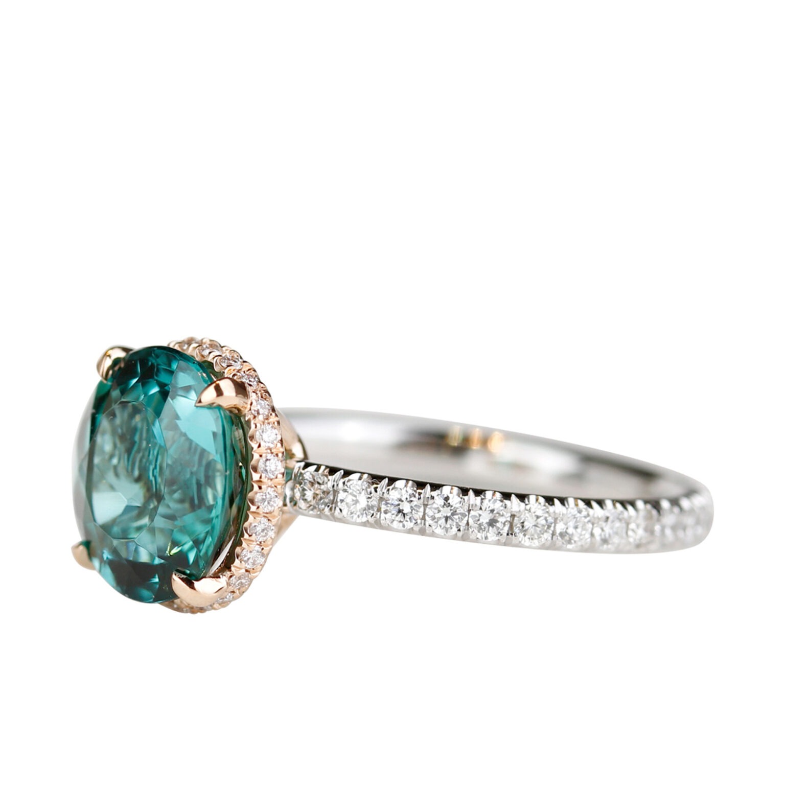 Bague tourmaline vert-bleu ronde et diamants