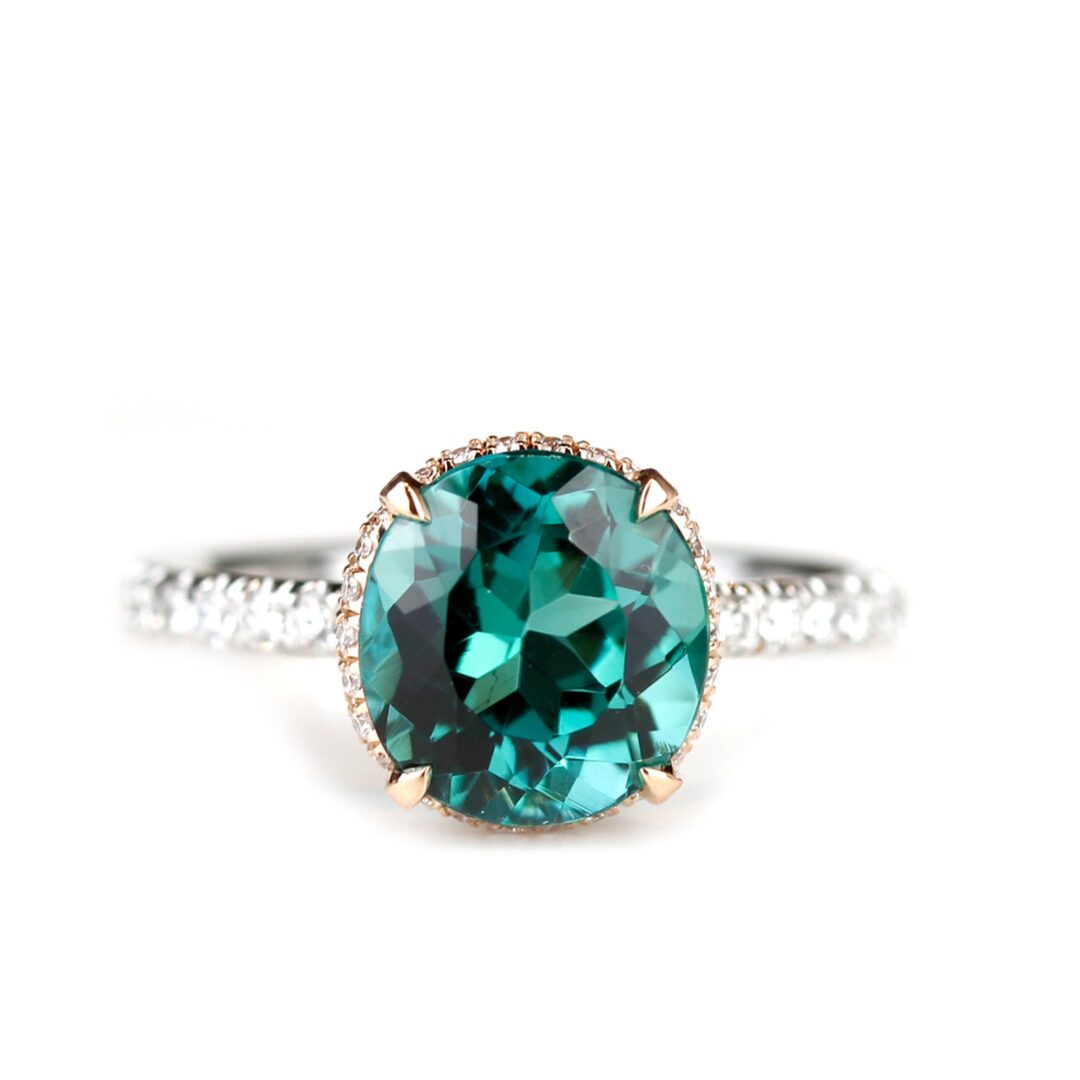 Bague tourmaline vert-bleu ronde et diamants