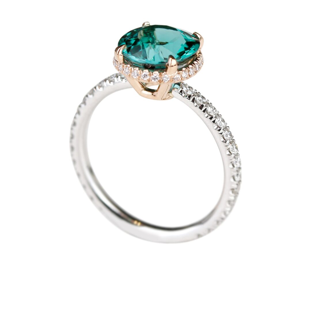 Bague tourmaline vert-bleu ronde et diamants