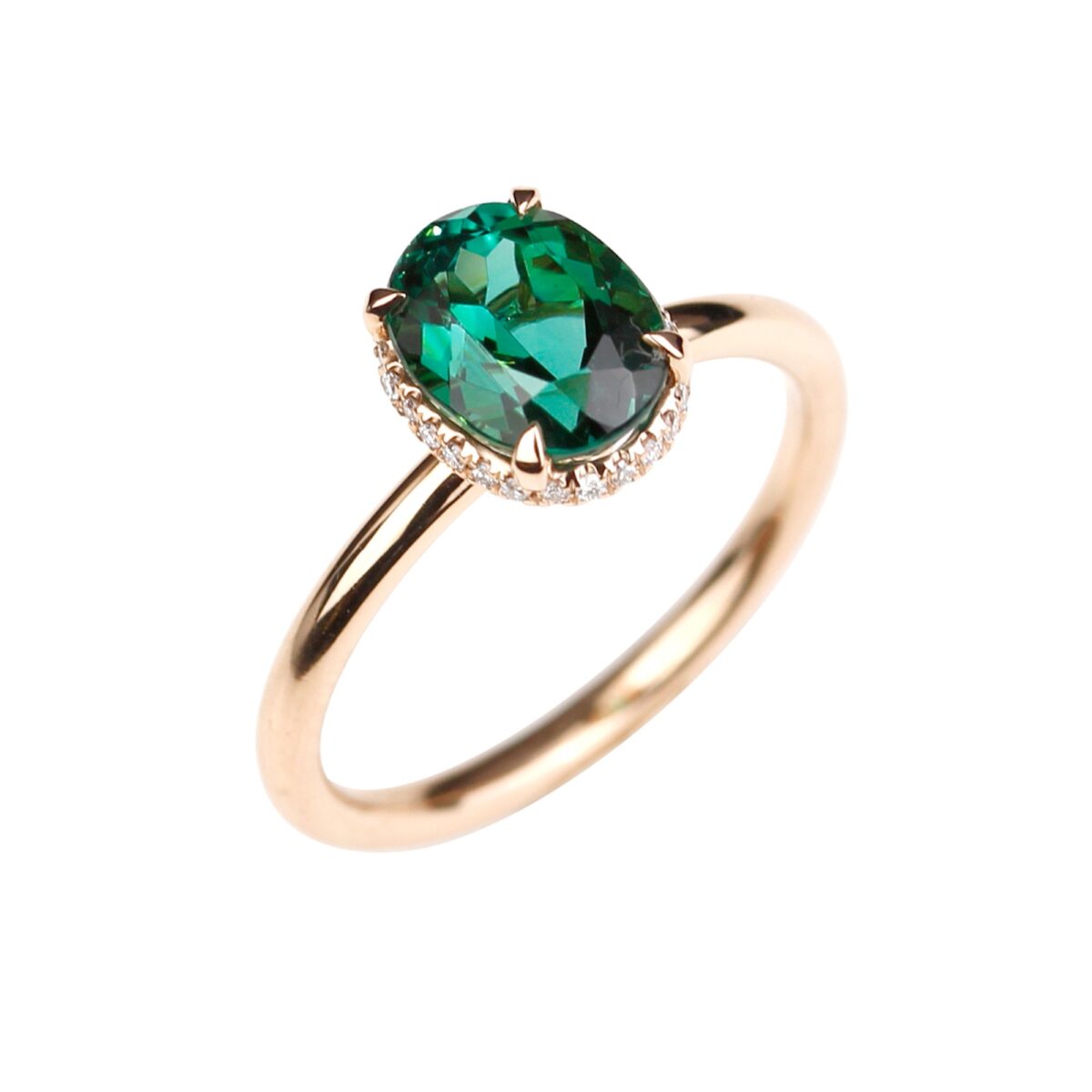 Bague tourmaline verte ovale et anneau en or rose