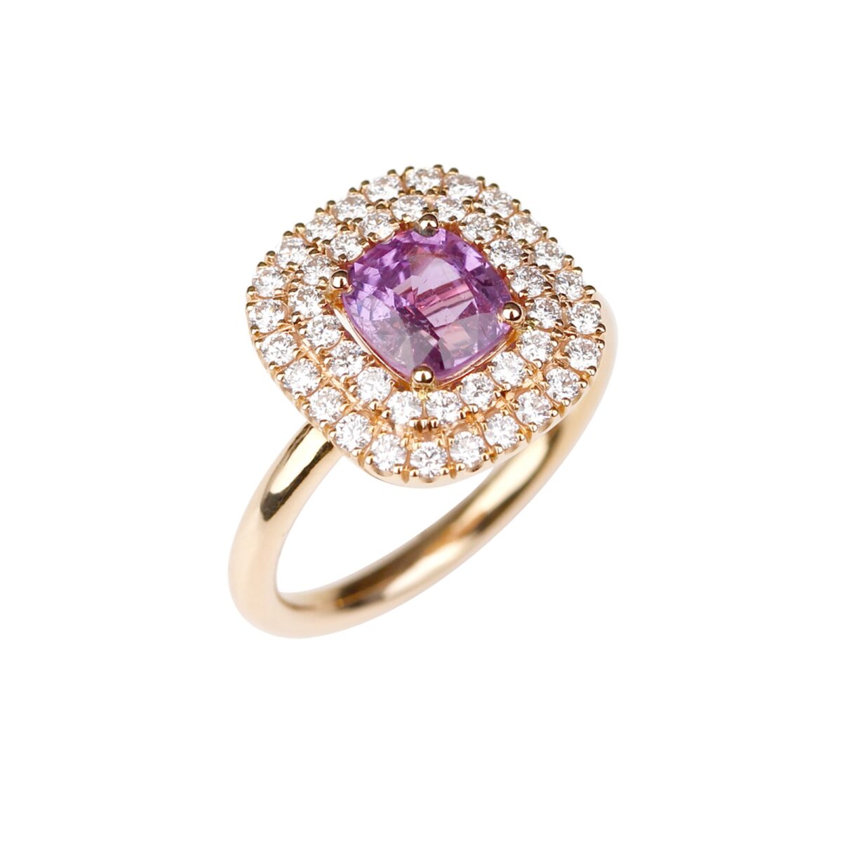 Bague saphir rose violet double entourage