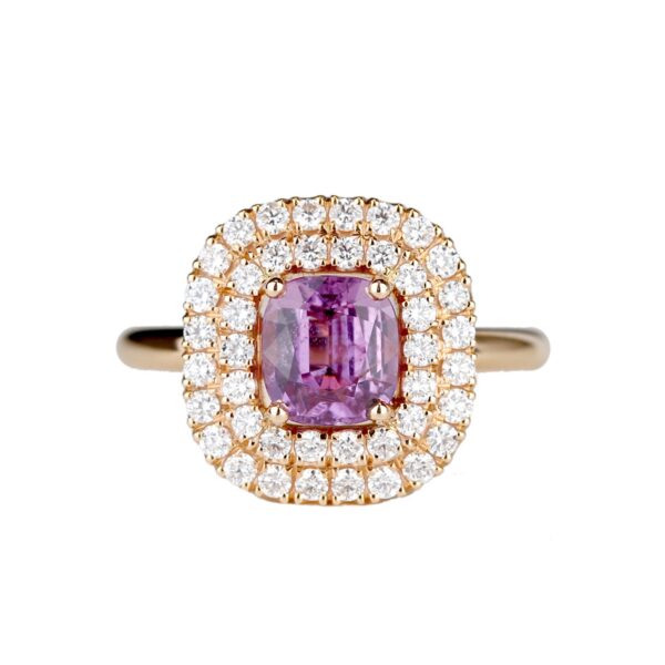 Bague saphir rose violet double entourage