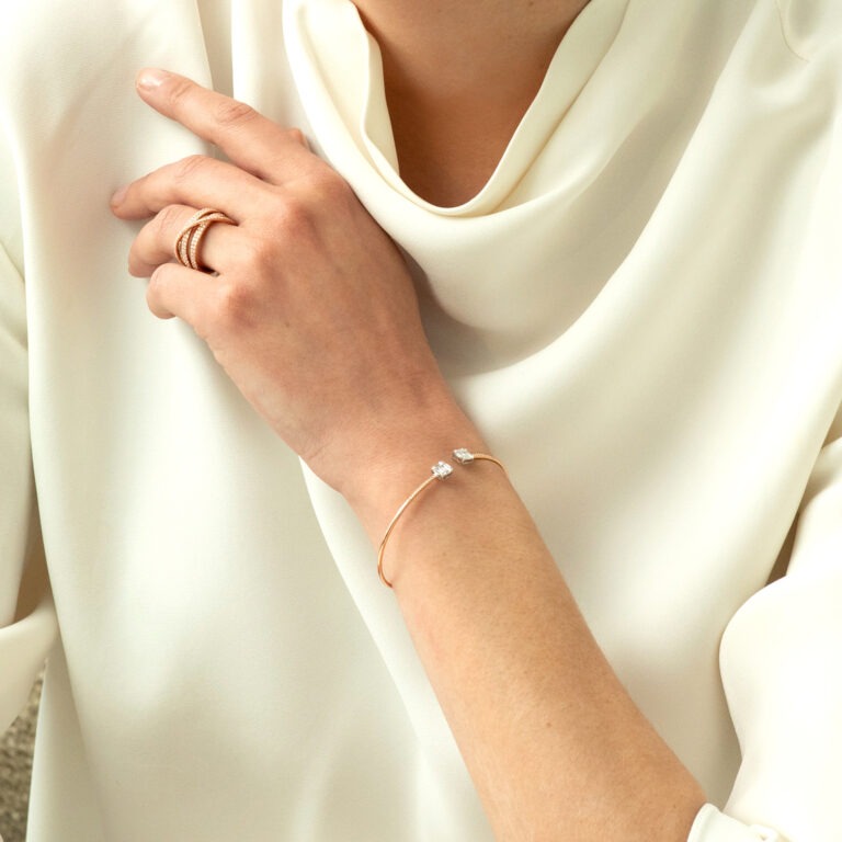 Bracelet diamants or blanc et jonc en or rose 18 K