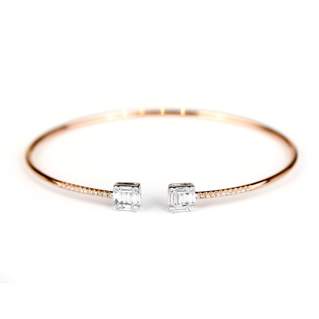 Bracelet diamants or blanc et jonc en or rose 18 K