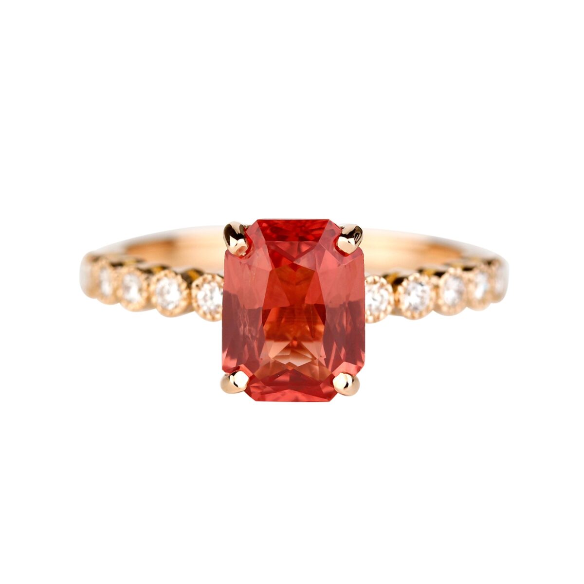 Bague saphir padparadscha diamants serti millegrain