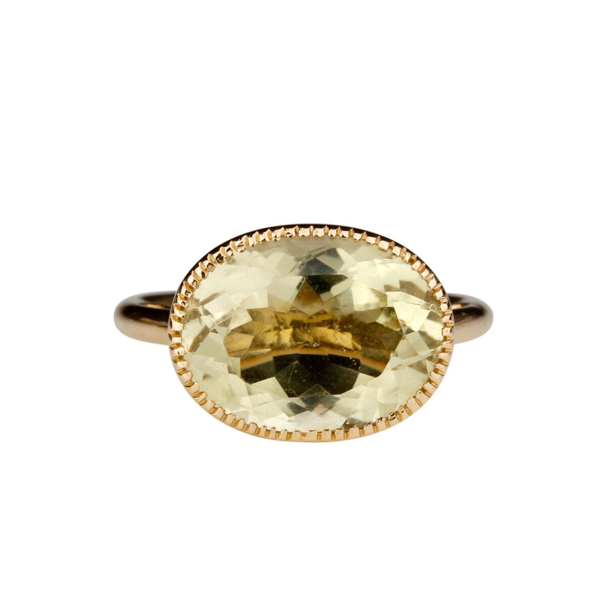 Bague Quartz Lemon ovale et or jaune millegrains