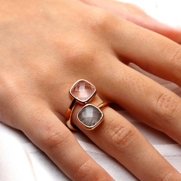Bague quartz rose et quartz rutilé or rose