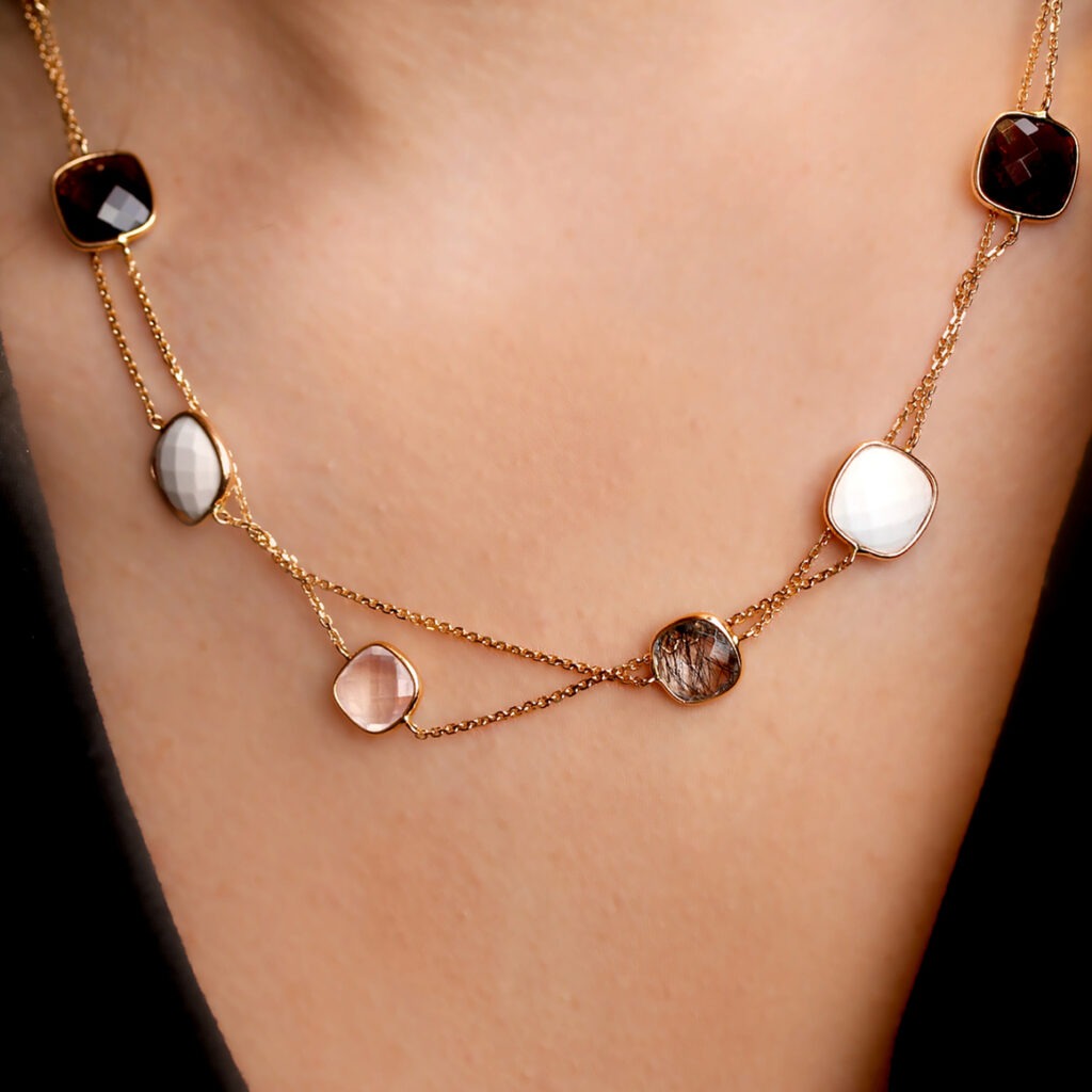 Collier sautoir agates grenat quartz rose rutilé