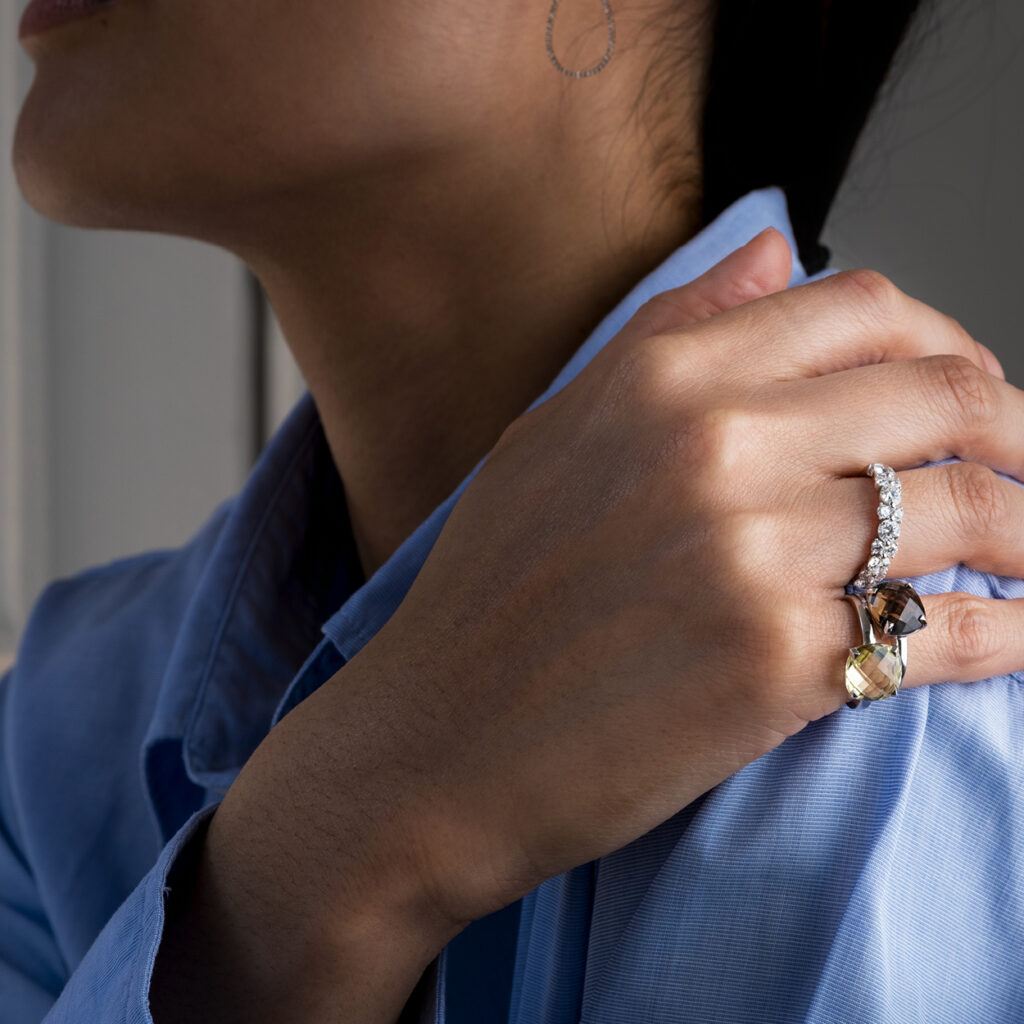 Alliance diamants or blanc Ondine bague Quartz fumé Poppy Blue bague prasiolite Poppy Blue Compagnie des Gemmes Paris
