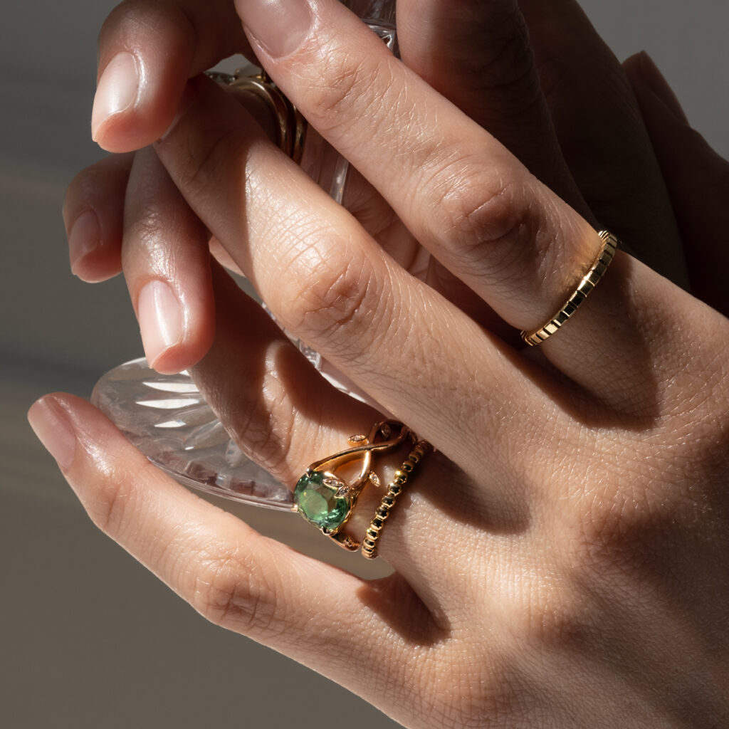 Bague tourmaline verte collection Jardin précieux Alliance or boules or rose Aurore