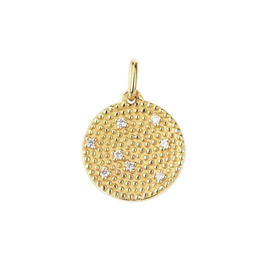 Pendentif diamants, médaille en or jaune perlé 18K