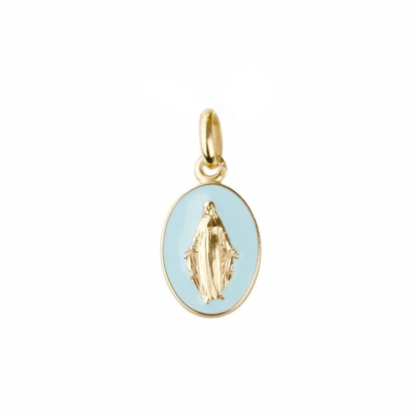 Pendentif médaille Miraculeuse bleu ciel laqué et or jaune 18K