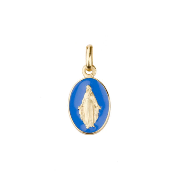 Pendentif médaille Miraculeuse bleu roi laqué et or jaune 18K