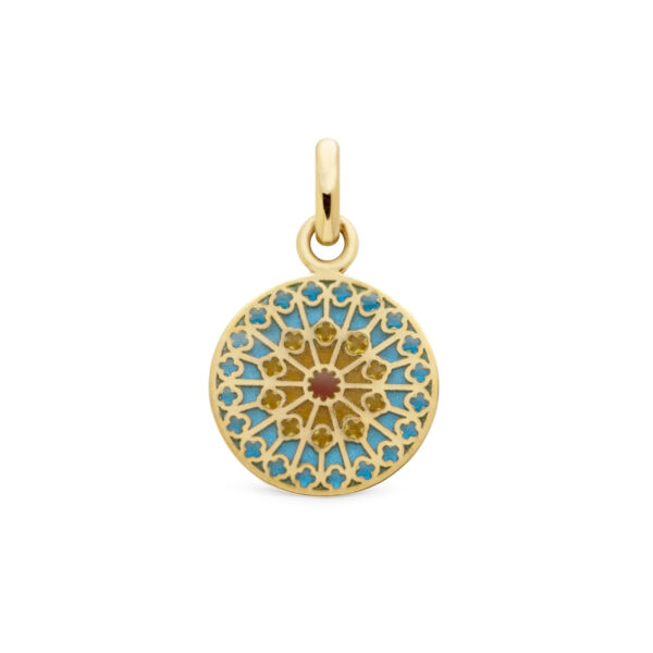 Pendentif Notre-Dame de Paris Nord, médaille ronde émail et or jaune 18K motif rosace