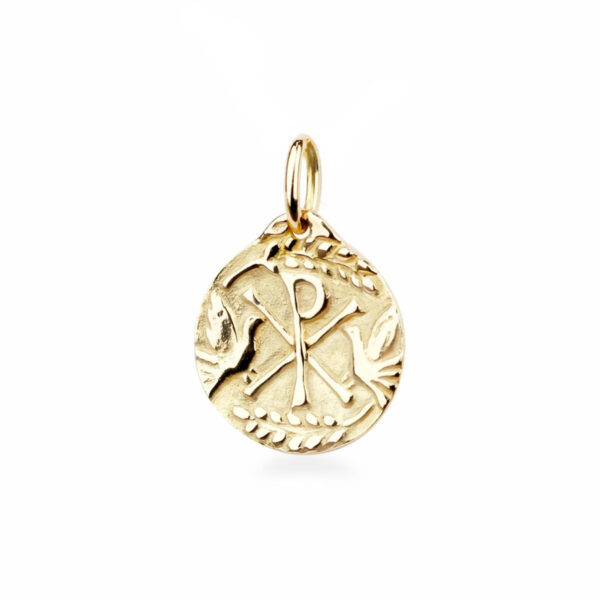 Pendentif Chrisme et colombe, médaille de baptême en or jaune 18K