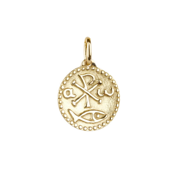 Pendentif Chrisme et poisson, médaille de baptême en or jaune 18K