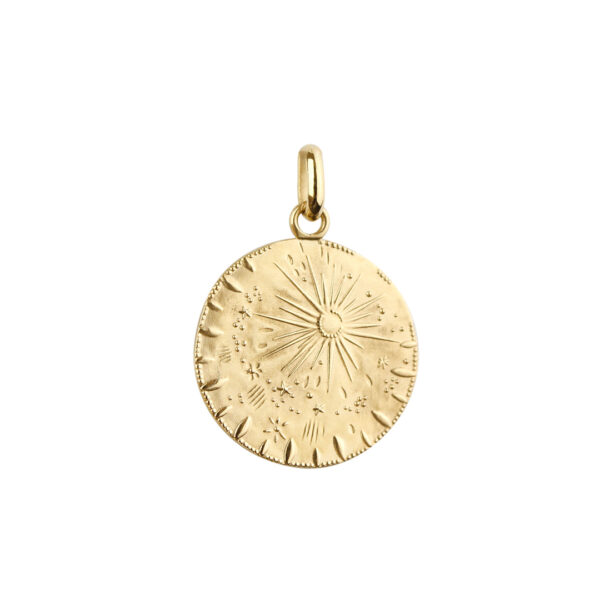 Médaille or jaune motif soleil et étoiles Pluie d'étoiles signée Arthus Bertrand