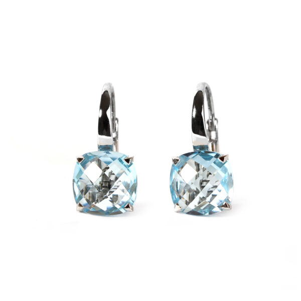 Boules d'oreilles topaze Blue et or blanc 18 K collection Poppy Blue par Cesare Pompanon