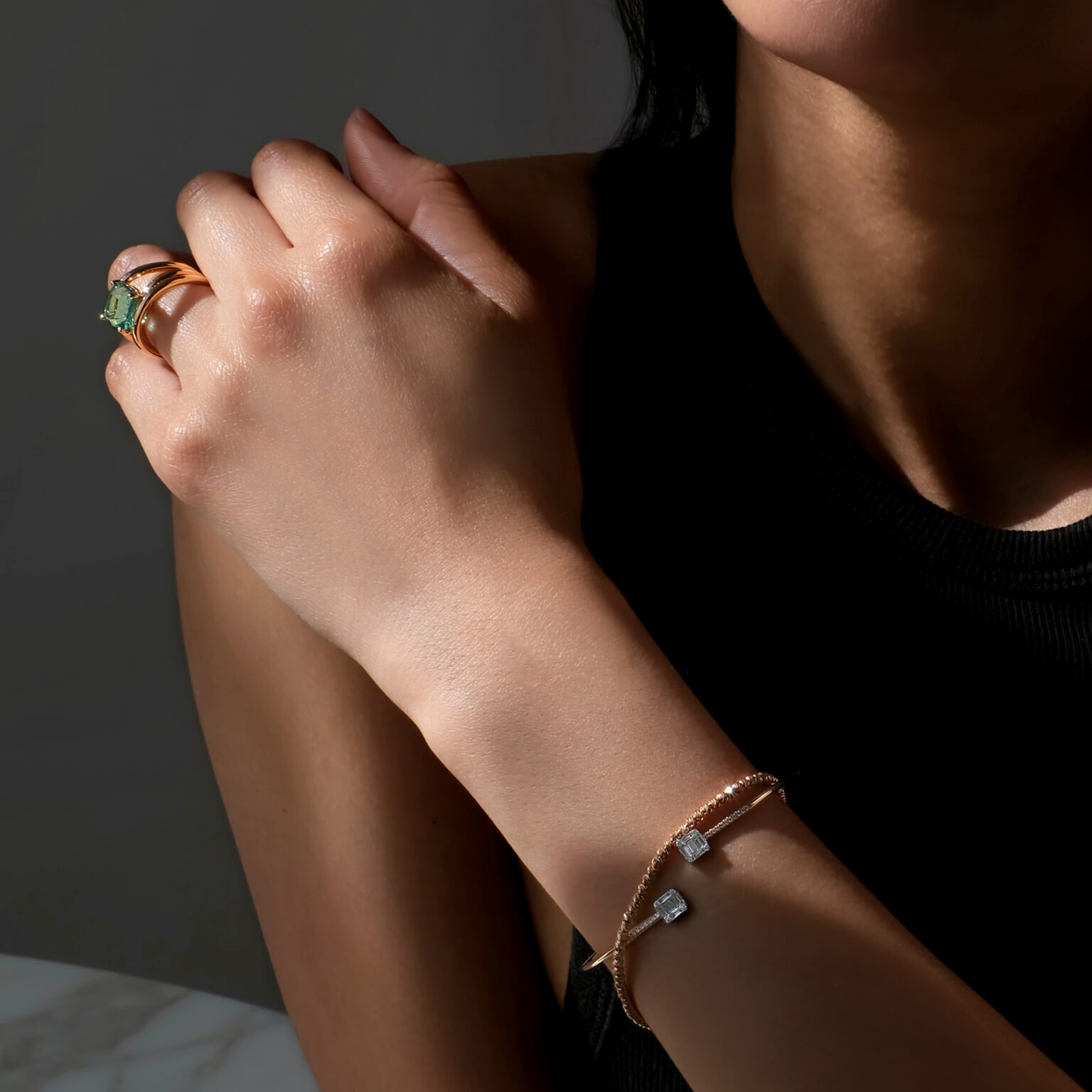 Bracelet diamants Reflets bracelet or Luciole Boccadilupo bague tourmaline verte