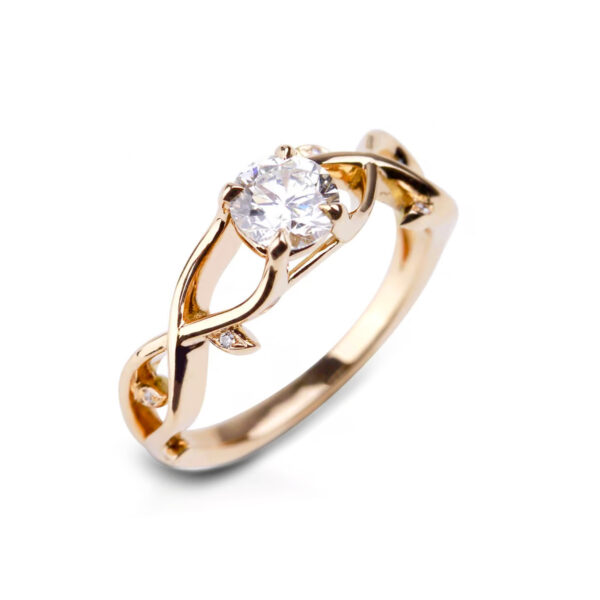 Solitaire diamant or rose aux lignes végétales