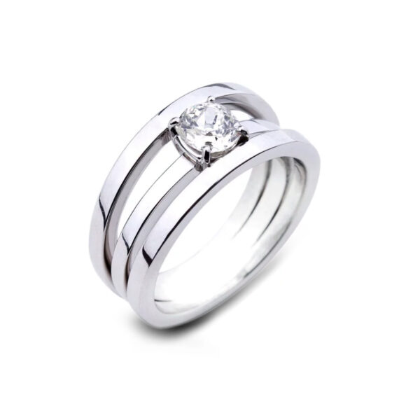 Bague solitaire diamant trois anneaux or blanc Chenonceau 1513 Compagnie des Gemmes Paris