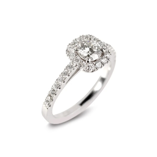 Bague solitaire diamant entourage diamants or blanc 18K Antoinette Tuileries Compagnie des Gemmes Paris