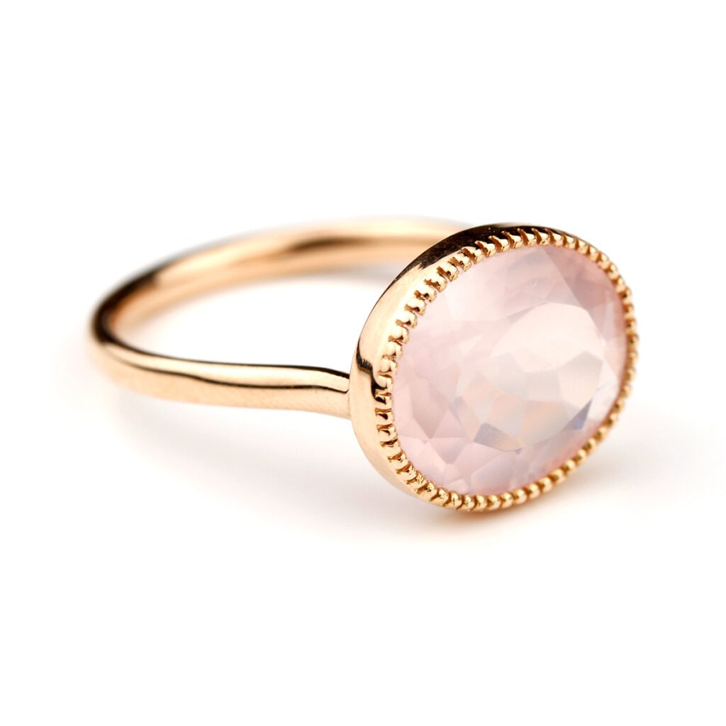 Bague Chevalière Ajustable En Quartz Rose Naturel - Acier Inoxydable - Taille Unique - Fabriqué En France