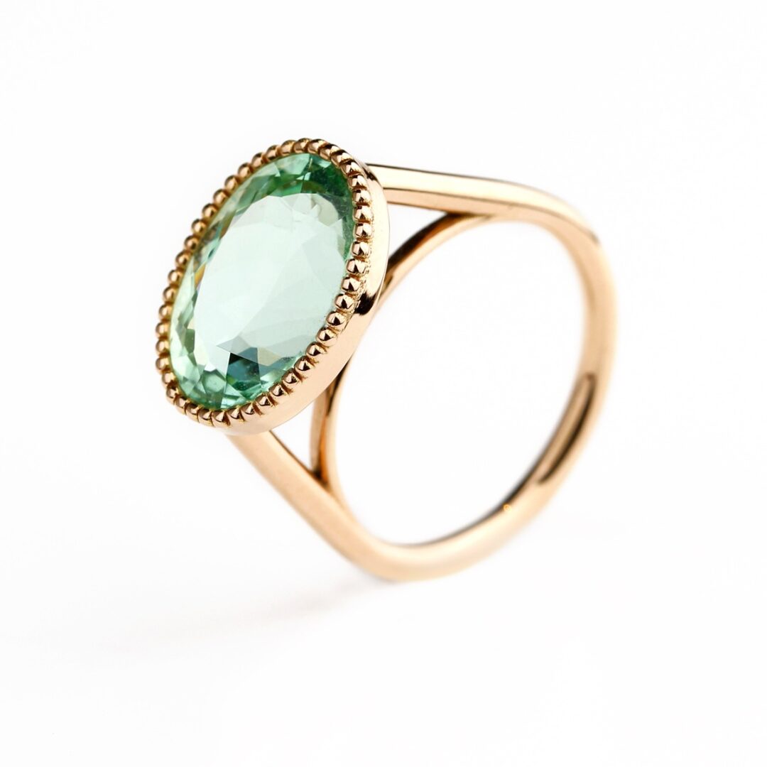 Bague tourmaline verte or rose millegrain