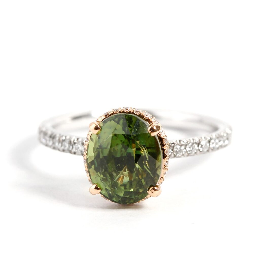 Bague saphir vert diamants or rose et or blanc