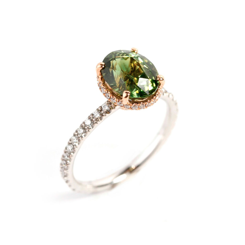 Bague saphir vert diamants or rose et or blanc