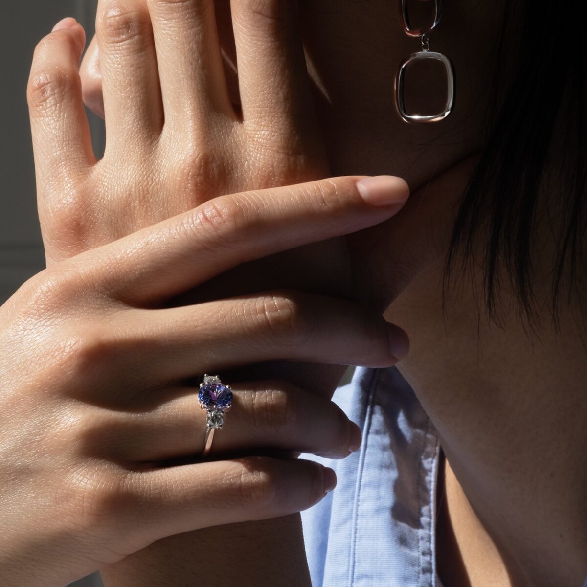 Boucles d'oreilles or blanc - Bague tanzanite diamants