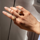 Bague diamants style Art Déco et Poppy Blue bague citrine madère or rose 18K Alliance carré d'or