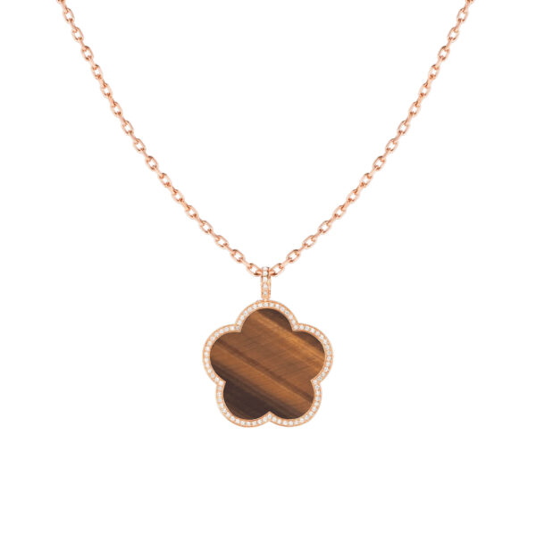 Pendentif Fiore di Mamma XL en or rose 18 K orné d’un œil de tigre et d’un entourage de diamants, création Cesare Pompanon