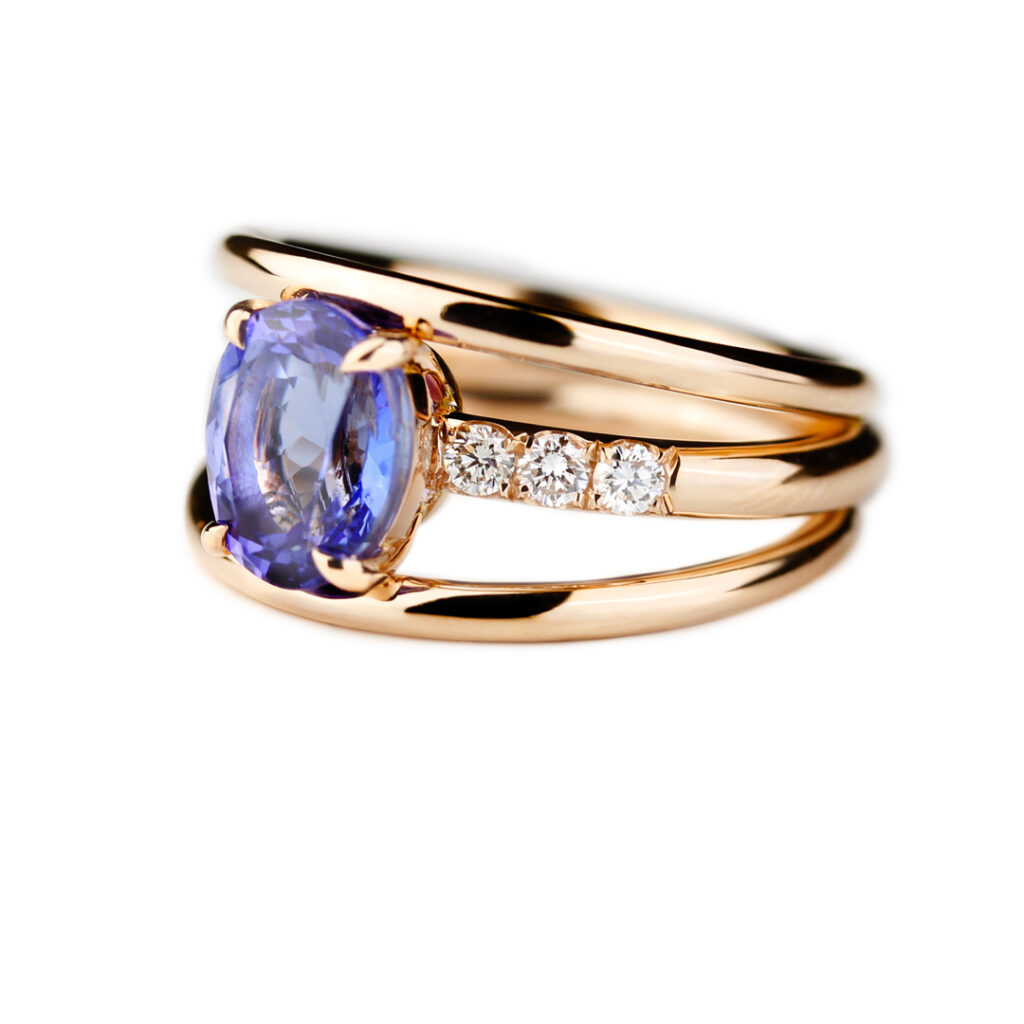 Bague tanzanite diamants or rose 18 K Collection Chenonceau Compagnie des Gemmes joaillier à Paris