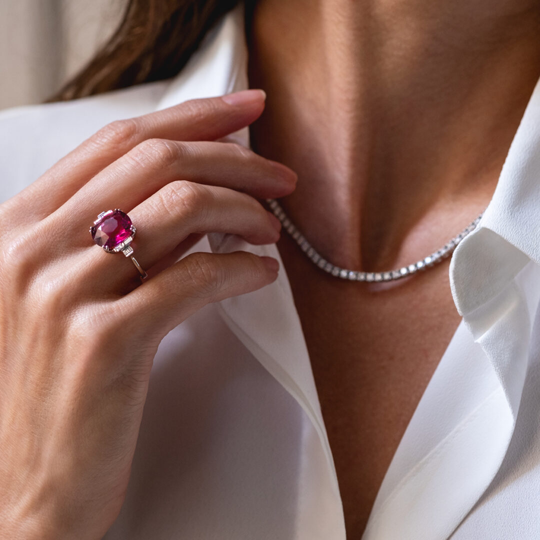 Bague tourmaline rose diamants or blanc Perron Rivière de diamants Compagnie des Gemmes Paris