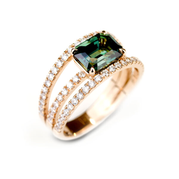 Chenonceau bague saphir teal vert bleu trois anneaux diamants en or rose Compagnie des Gemmes Paris