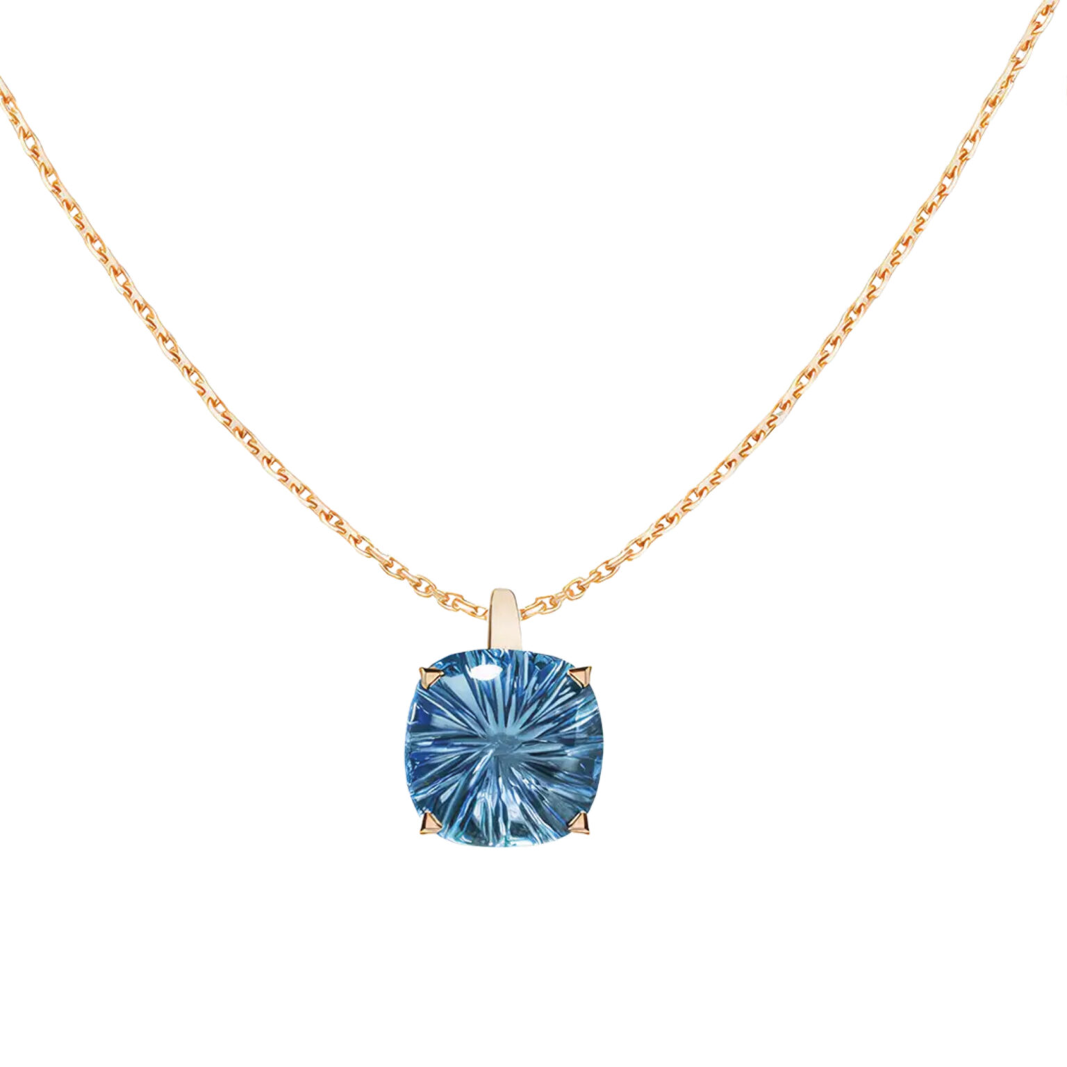 Collier Poppy en or rose 18 carats orné d’une topaze London blue sculptée, création Cesare Pompanon