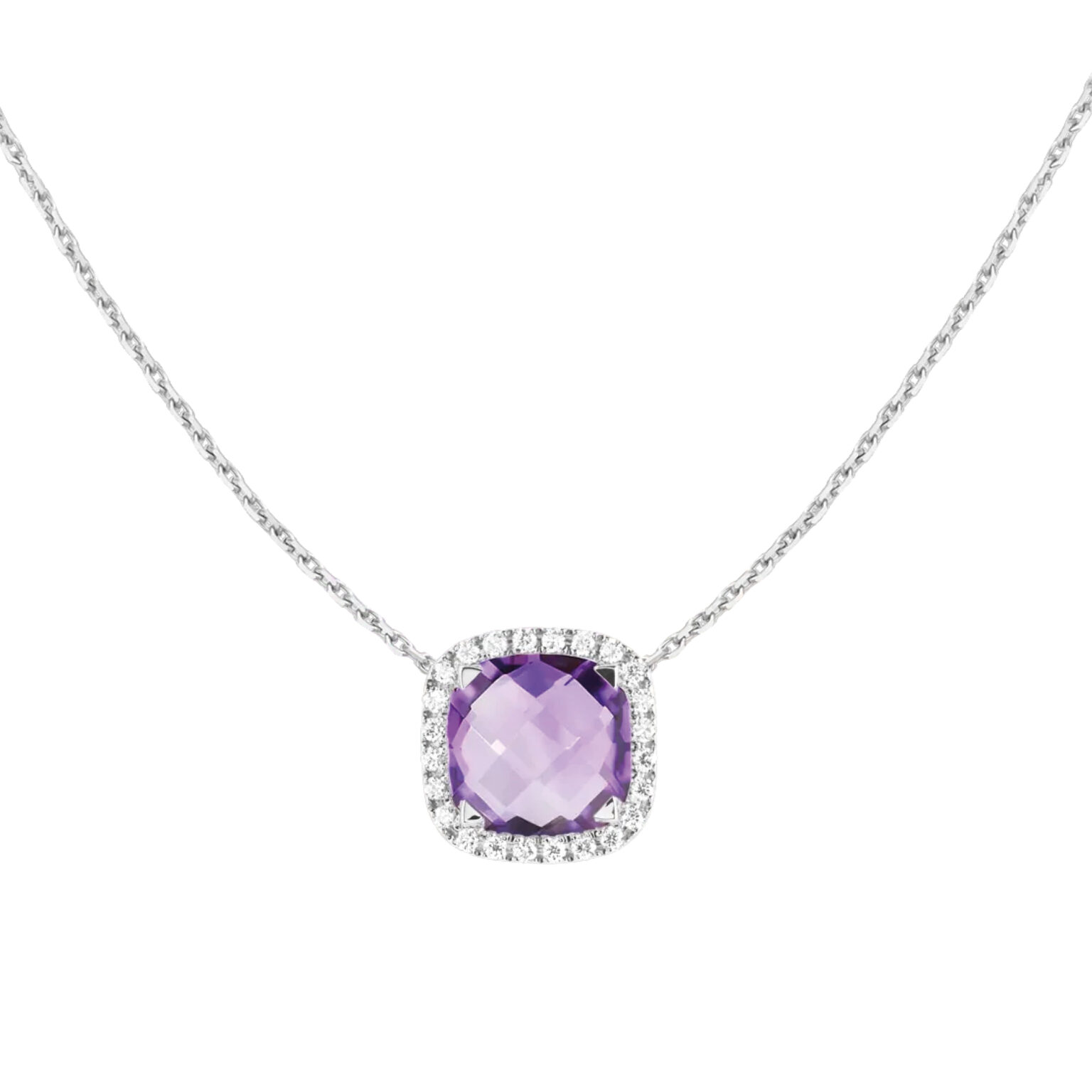 Collier Poppy en or blanc 18 K orné d’une améthyste taille coussin et d’un entourage de diamants, création Cesare Pompanon