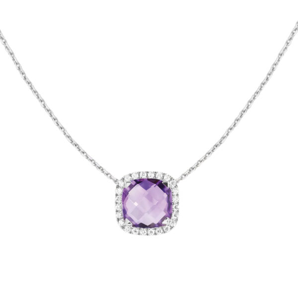 Collier Poppy en or blanc 18 K orné d’une améthyste taille coussin et d’un entourage de diamants, création Cesare Pompanon