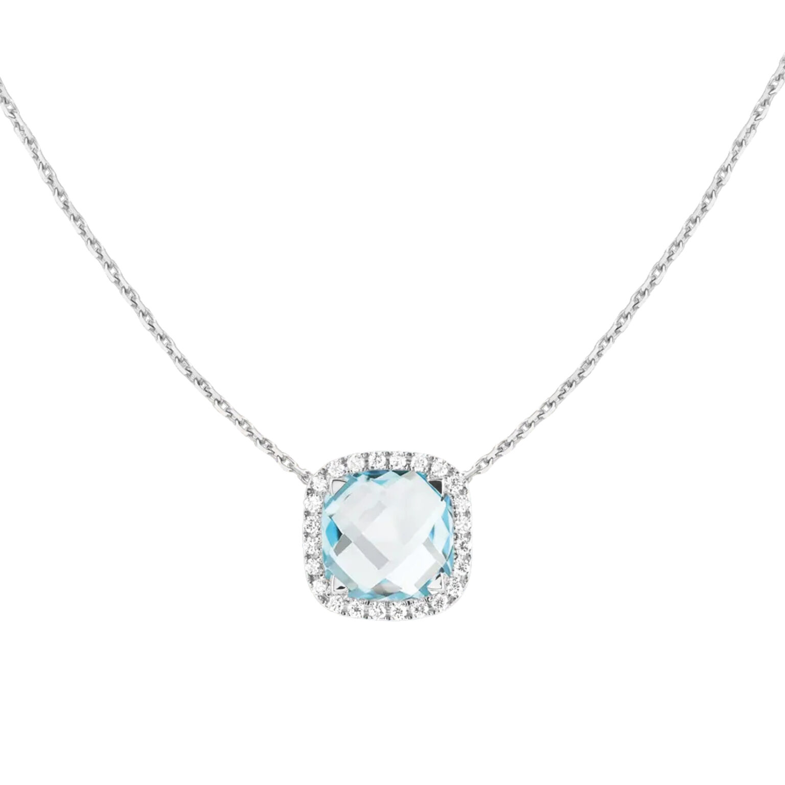 Collier Poppy en or blanc 18 K orné d’une topaze Sky Blue taille coussin, entourée de diamants, création Cesare Pompanon